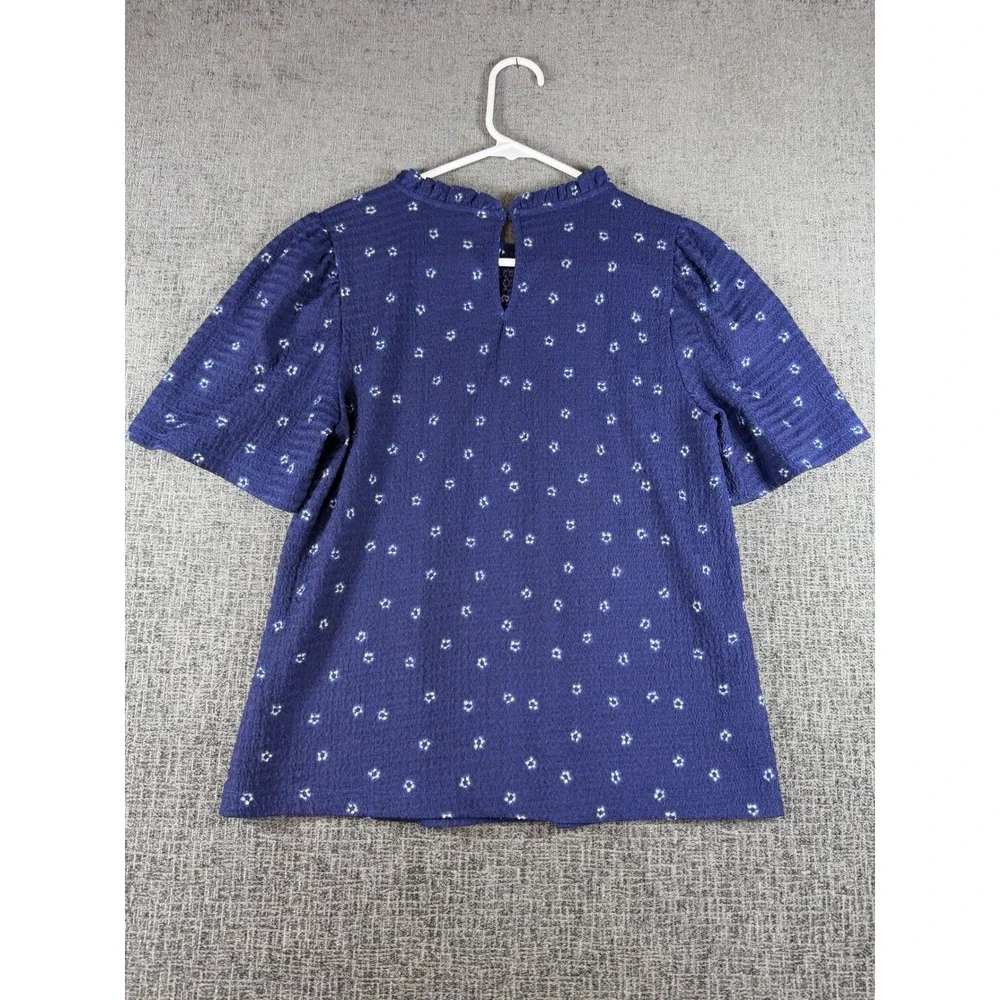 LOFT Navy Blue Floral Seersucker Ruffle Neck Puff Sleeve Blouse Small